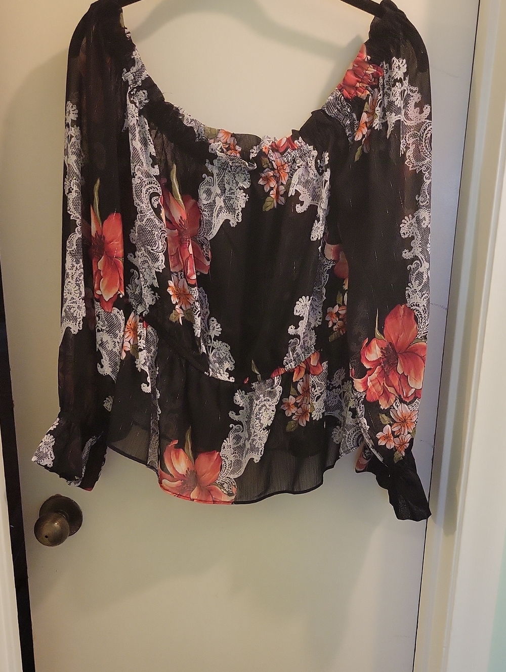 Forever 21 Black Off-Shoulder Blouse with Coral Floral Print